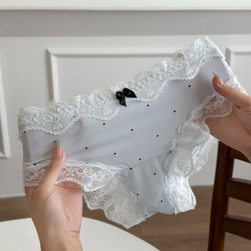 夏日波点 冰丝加长裆甜美风内裤女蕾丝花边透气低腰三角少女学生