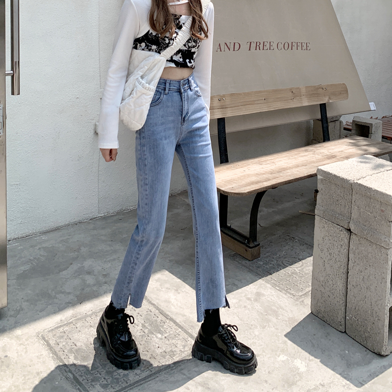 Real price ᦇ new straight net red high waist slim stretch split jeans women's pants fashion