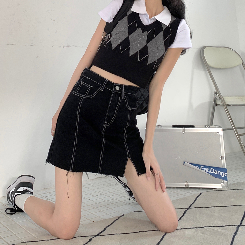 Real price ා new Korean high waist raw edge denim skirt women's small loose split A-line skirt