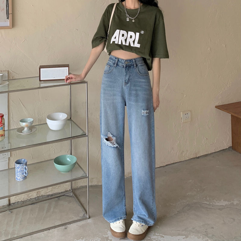 Real price ᦇ perforated jeans women's high waist and thin versatile loose straight vertical wide leg floor pants