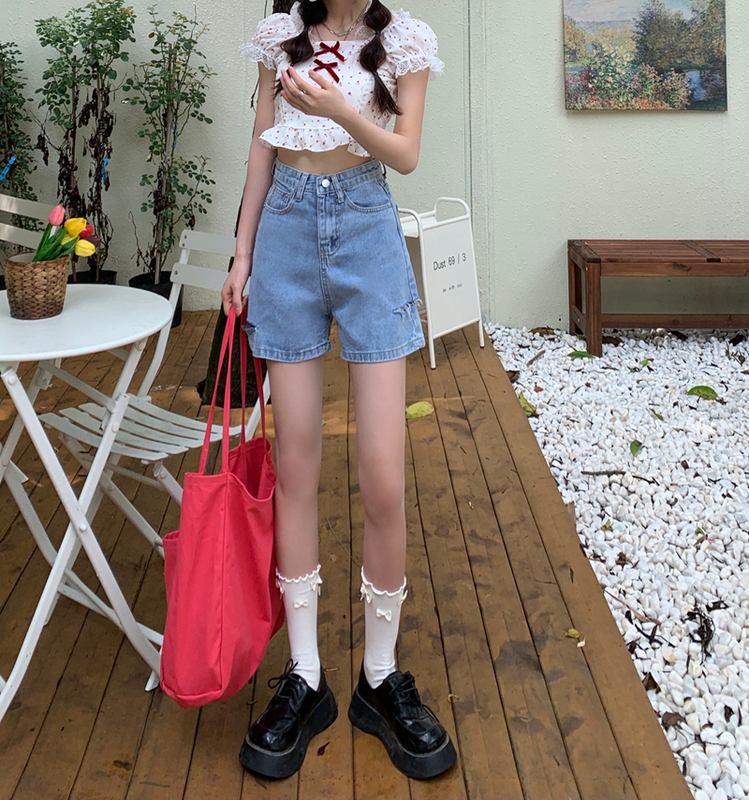 Women's high waisted summer new loose A-line holes show thin wide leg hot pants