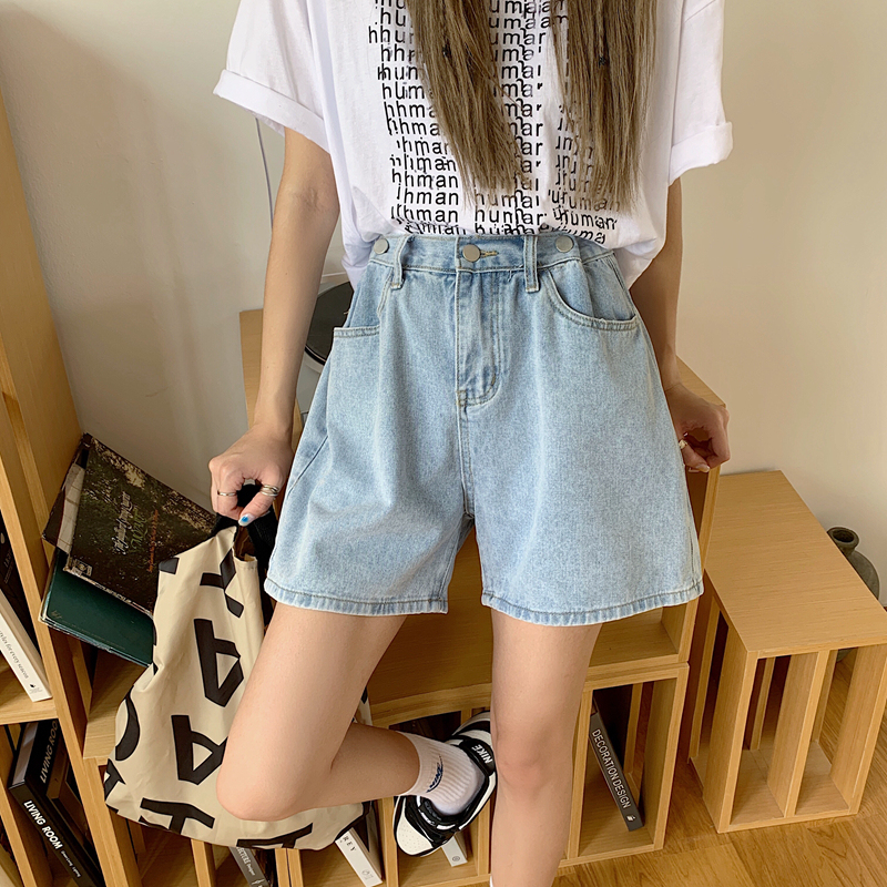 Blue high waist denim shorts women's summer 2021 new loose wide leg pants trend