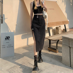 Real price ᦇ denim skirt, women's split length, high waist and thin split A-line hip skirt