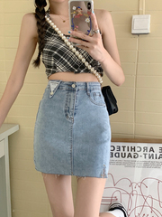 Net red split Stretch Denim Short Skirt women's new loose high waist A-line hip skirt