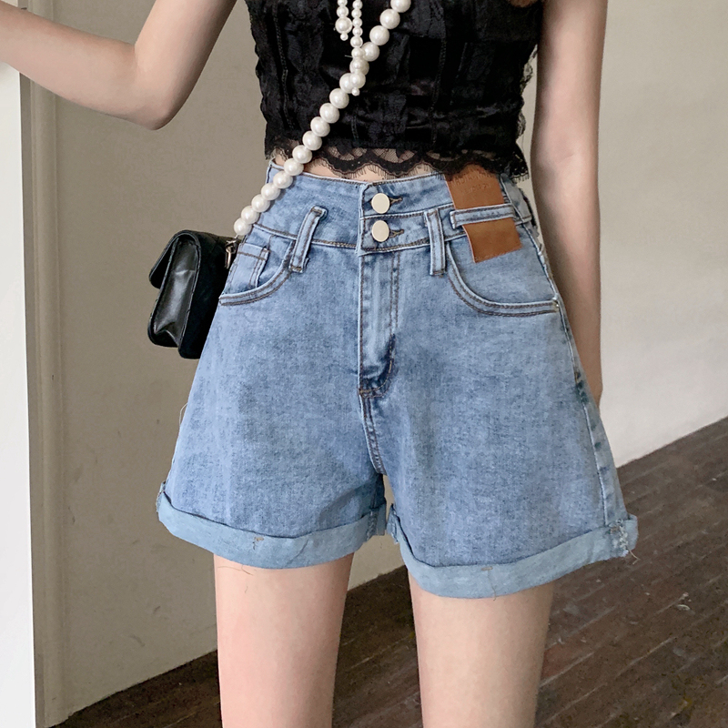 Real price high waist denim shorts women's summer new straight tube loose wide leg pants Hong Kong style pants