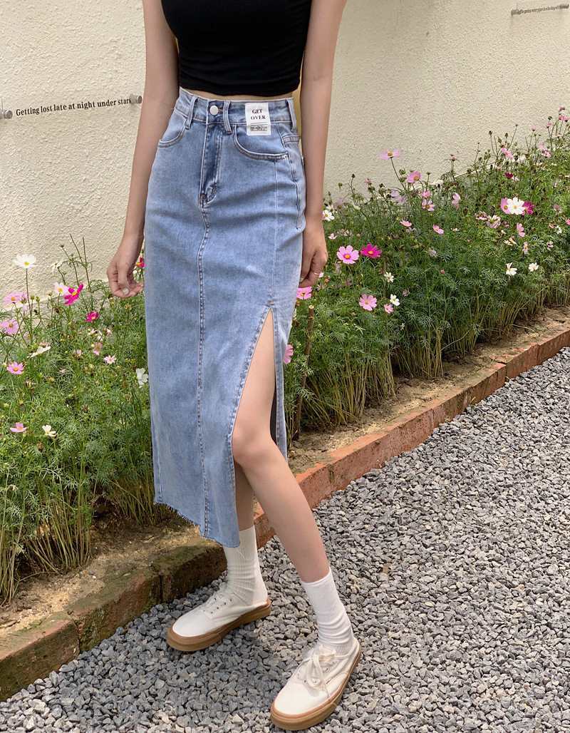 Real price ᦇ denim skirt small woman high waist side split denim skirt slim elastic skirt