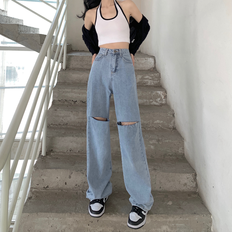 Real price ᦇ perforated jeans women's wide leg pants, high waist, loose and slim, floor down straight pants