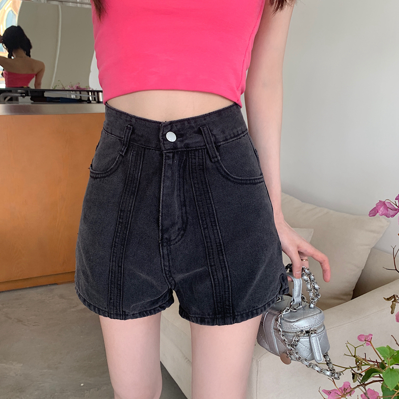 Real price Black Denim Shorts women's new A-line loose and thin high waist hot pants short jeans