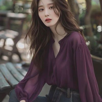 紫色雪纺衬衫女2025春季时尚洋气轻奢高级感法式v领叠穿打底上衣