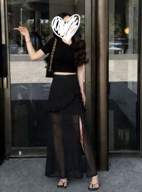 法式复古不规则荷叶边黑色半身裙女2026春夏高腰开叉网纱包臂长裙