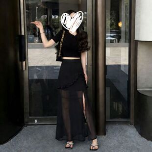 法式复古不规则荷叶边黑色半身裙女2026春夏高腰开叉网纱包臂长裙