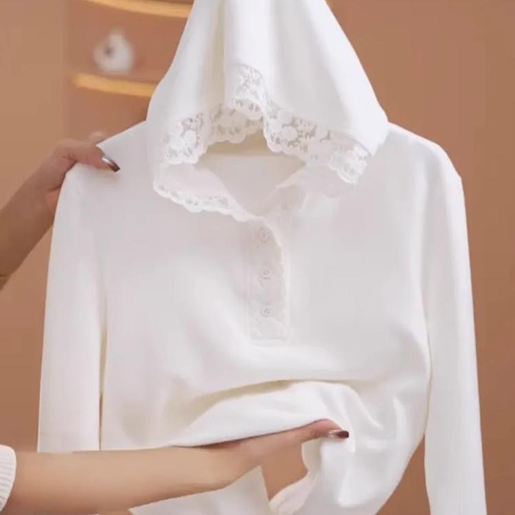 连帽蕾丝针织打底衫女内搭秋冬2025新款简约休闲叠穿百搭长袖上衣