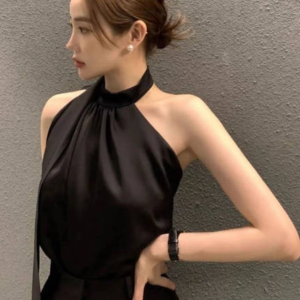 衬衫女in醋酸缎面小众不规则设计感挂脖露肩性感法式露背别致上衣