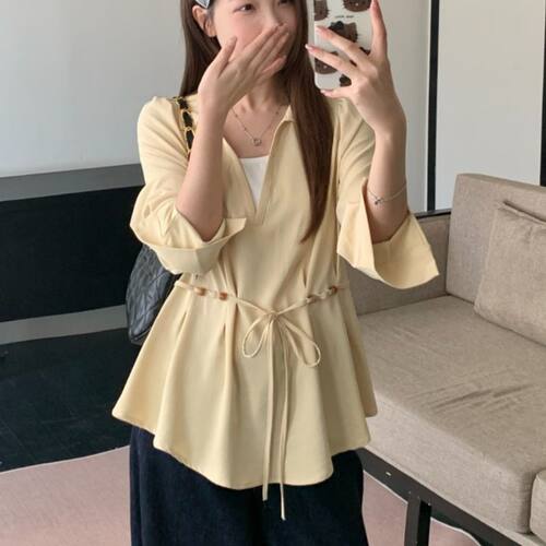 春夏大码女宽松收腰长袖衬衫