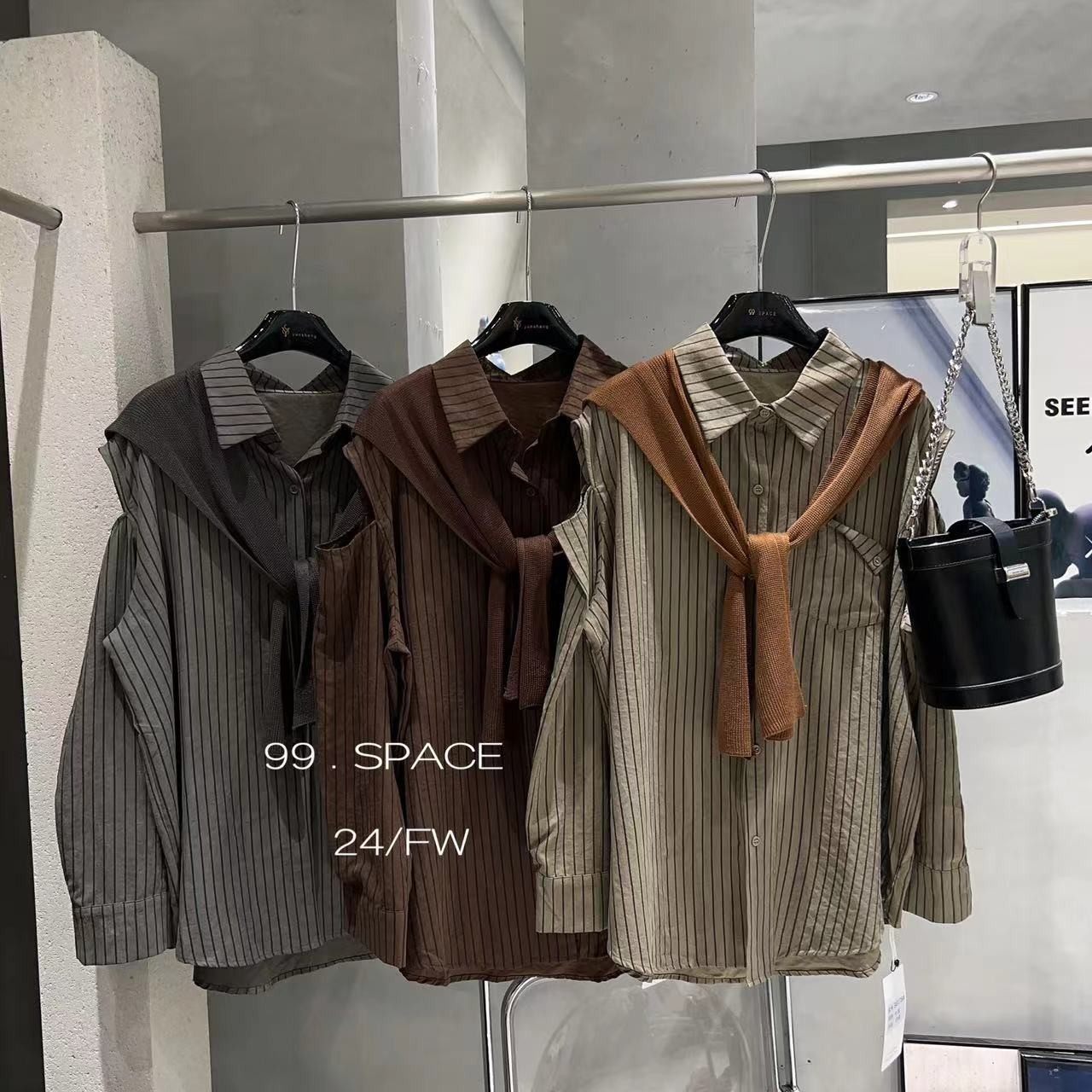 设计感小众露肩条纹衬衫女POLO领2025秋新款宽松显瘦披肩长袖衬衣