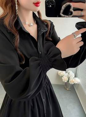 纯色法式小资小上衣显瘦收腰中长款衬衣女甜美喇叭袖雪纺秋装衬衫