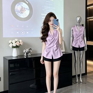 轻熟无袖V领衬衫女夏季新款修身收腰交叉设计感通勤气质减龄上衣