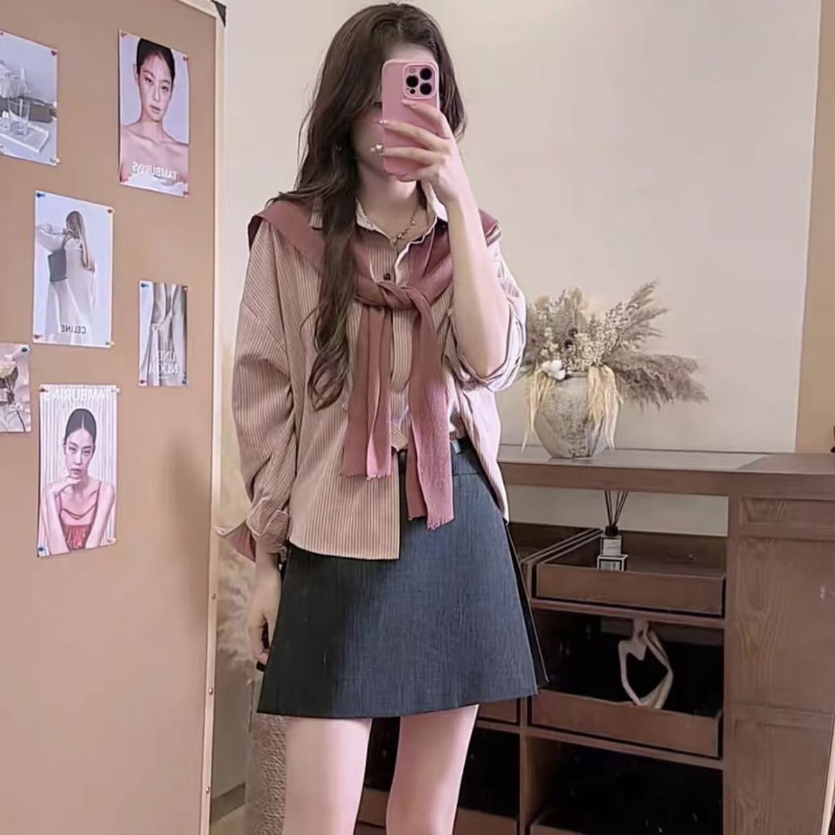 韩系长袖条纹披肩Polo领衬衫女2025秋季新款百搭单排扣上衣衬衣潮