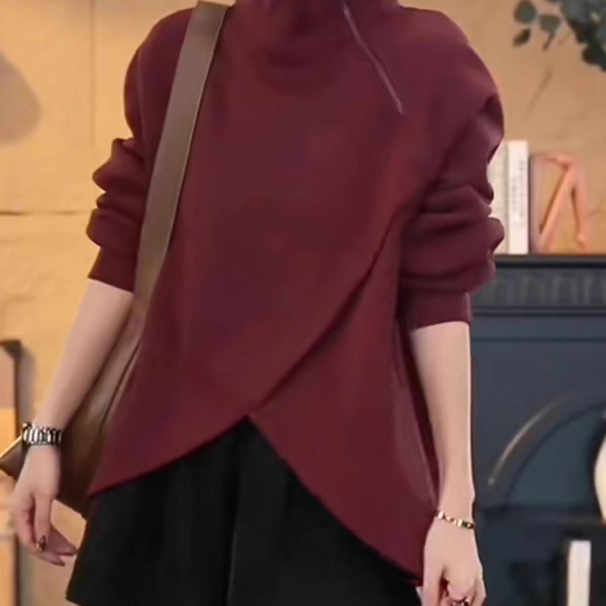 2025秋冬新款韩版时尚个性高领套头卫衣潮显瘦百搭不规则长袖t恤