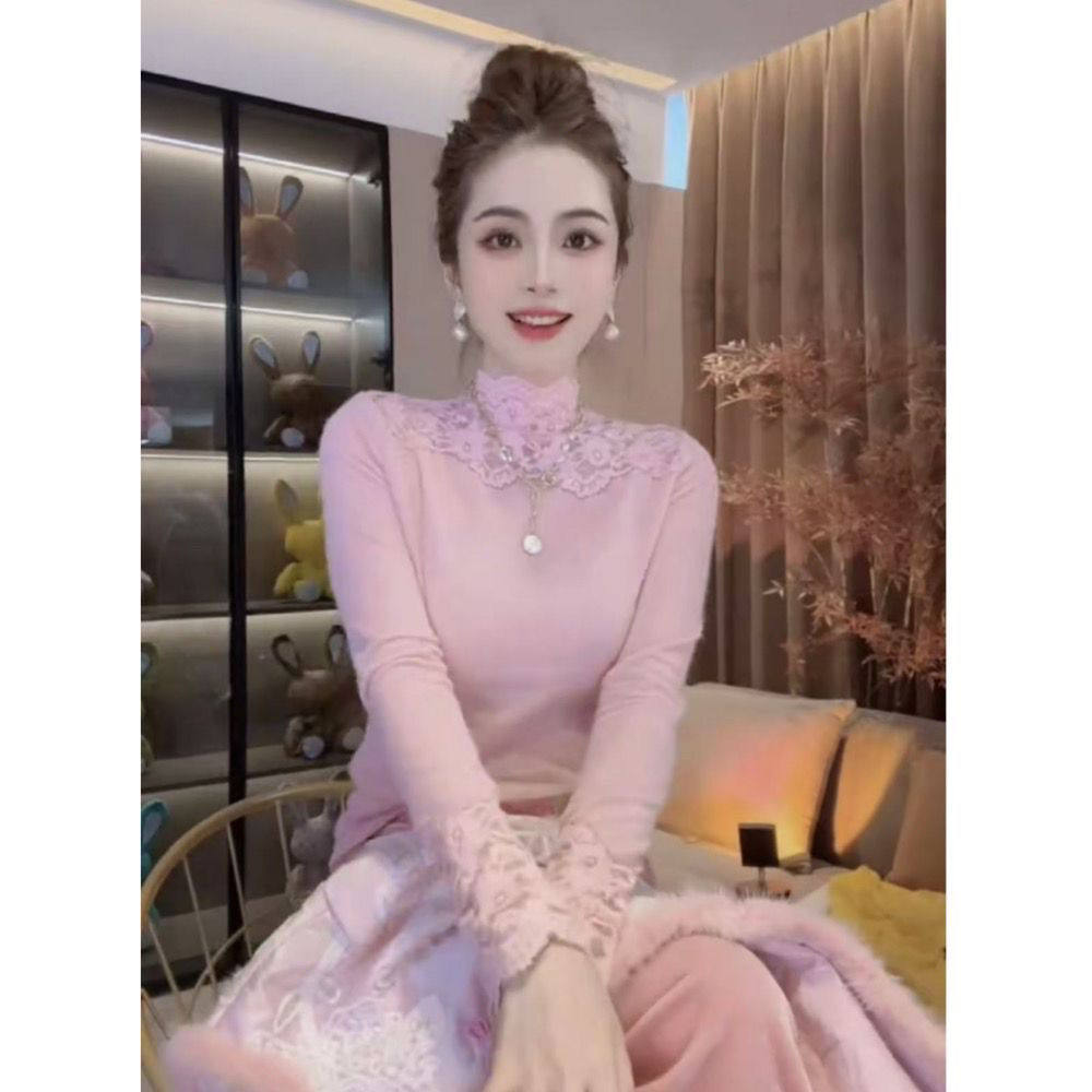 时尚新款气质蕾丝拼接半高领减龄欧洲站女人味轻熟风打底衫衬衣图片