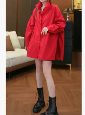 2026年秋季新款大码女装胖红色长袖设计感时尚百搭简约宽松衬衫