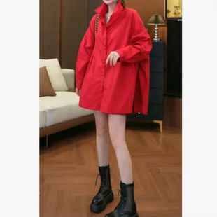 女装 大码 胖红色长袖 设计感时尚 2025年秋季 百搭简约宽松衬衫 新款