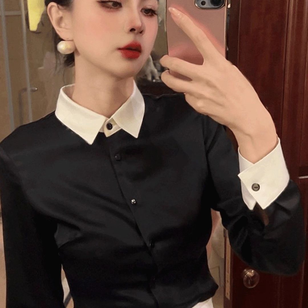 轻奢高级感减龄黑白拼接衬衫