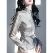 新中式 小衫 高端国风灰色印花衬衫 女2026早春收腰衬衣复古盘扣长袖
