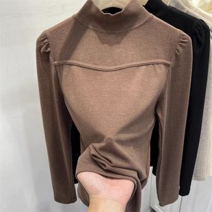 纯色长袖 加厚德绒高领打底衫 设计感加绒修身 新款 上衣 女内搭秋冬季