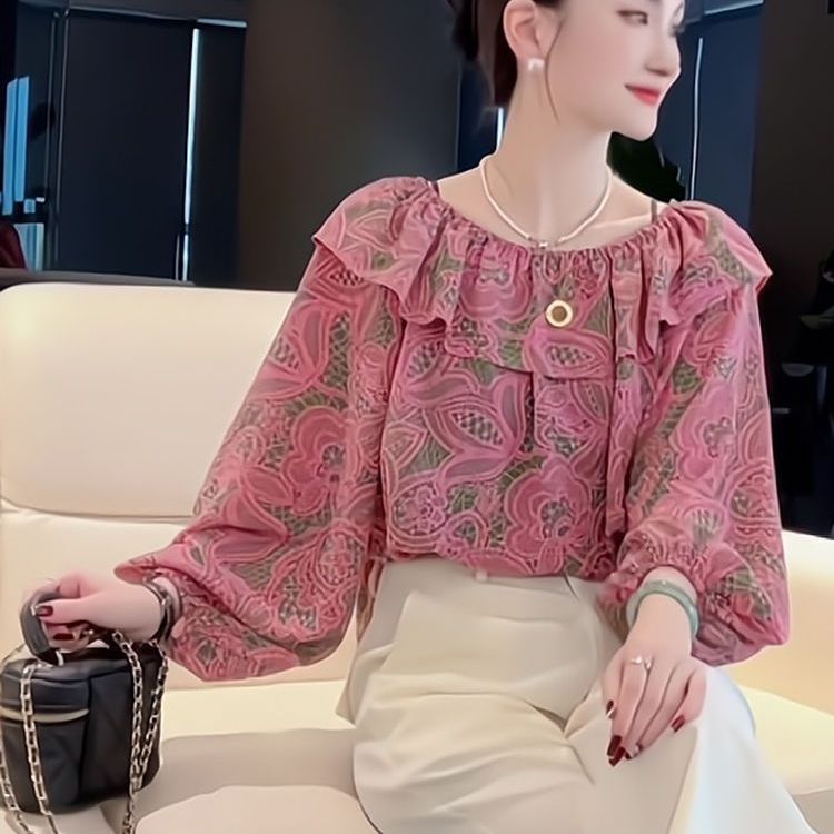 2025秋季新款女装荷叶边印花衬衣大码胖显瘦高级感漂亮穿搭上衣