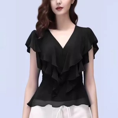 法式设计感荷叶边雪纺衫女气质v领显瘦洋气上衣2025夏季短袖衬衫