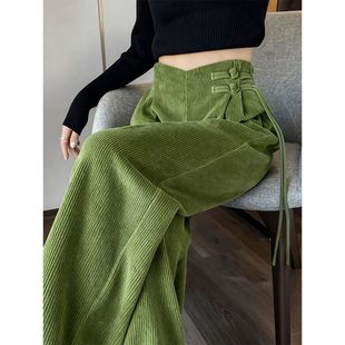 新中式国风橄榄绿色灯芯绒流苏盘扣阔腿裤冬季宽松慵懒风保暖裤子