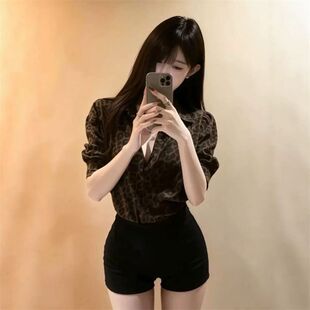 美式复古辣妹polo领豹纹衬衫女夏季新款性感气质收腰显瘦时尚上衣