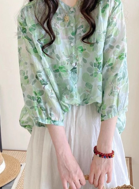 森系复古绿色碎花苎麻衬衫女夏季宽松显瘦休闲轻薄棉麻七分袖上衣