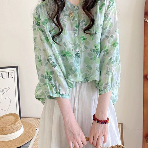 森系复古绿色碎花苎麻衬衫女夏季宽松显瘦休闲轻薄棉麻七分袖上衣
