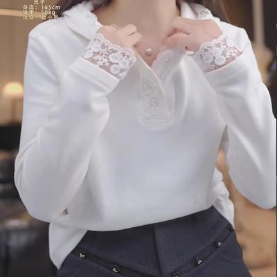 德绒连帽拼接蕾丝打底衫女秋冬白色内搭t恤2025新款内搭长袖上衣