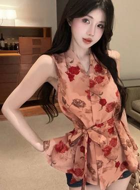 复古印花V领无袖露肩别致独特衬衫女夏季绑带收腰显瘦荷叶边上衣