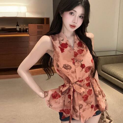 复古印花V领无袖露肩别致独特衬衫女夏季绑带收腰显瘦荷叶边上衣