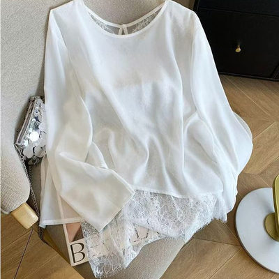 法式蕾丝拼接假两件防晒衬衫女