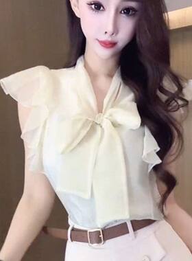 法式甜美飞袖纯色百搭无袖小衫