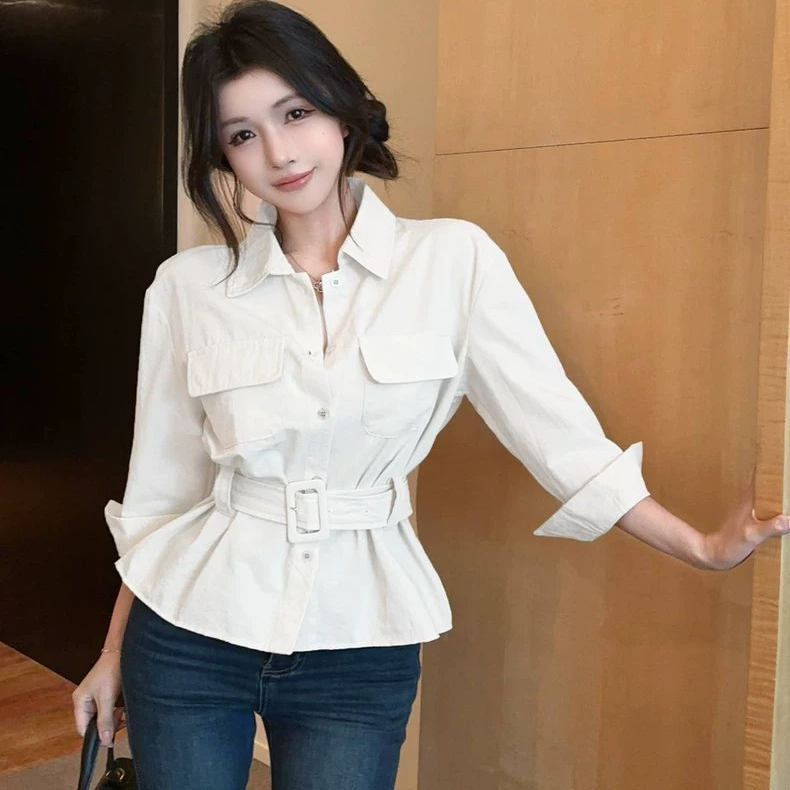 港味时尚POLO领设计感七分袖腰带显瘦衬衣秋季新款辣妹时尚上衣女图片