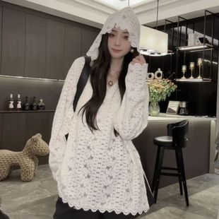 华丽微微【蕾丝绮梦】新款纯色蕾丝勾花连帽上衣ZZ1184-欧韩穿搭