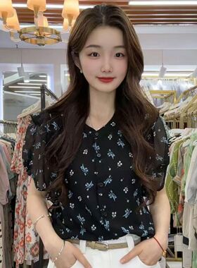 韩系黑色碎花圆领短袖衬衫女夏季新款洋气减龄超好看修身小衫上衣