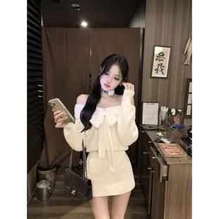 Le 19 RomanLand 费城冬日 一字肩蝴蝶结针织连衣裙冬内搭包臀裙