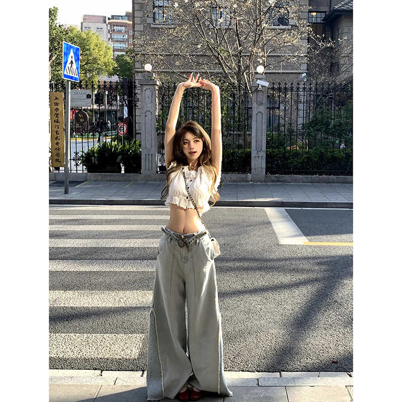 Le 19 RomanLand 高腰牛仔裤女夏季水洗做旧阔腿裤宽松显瘦拖地裤,女装/女士精品,牛仔裤,淘宝优惠券,粉丝福利购,淘宝优惠卷