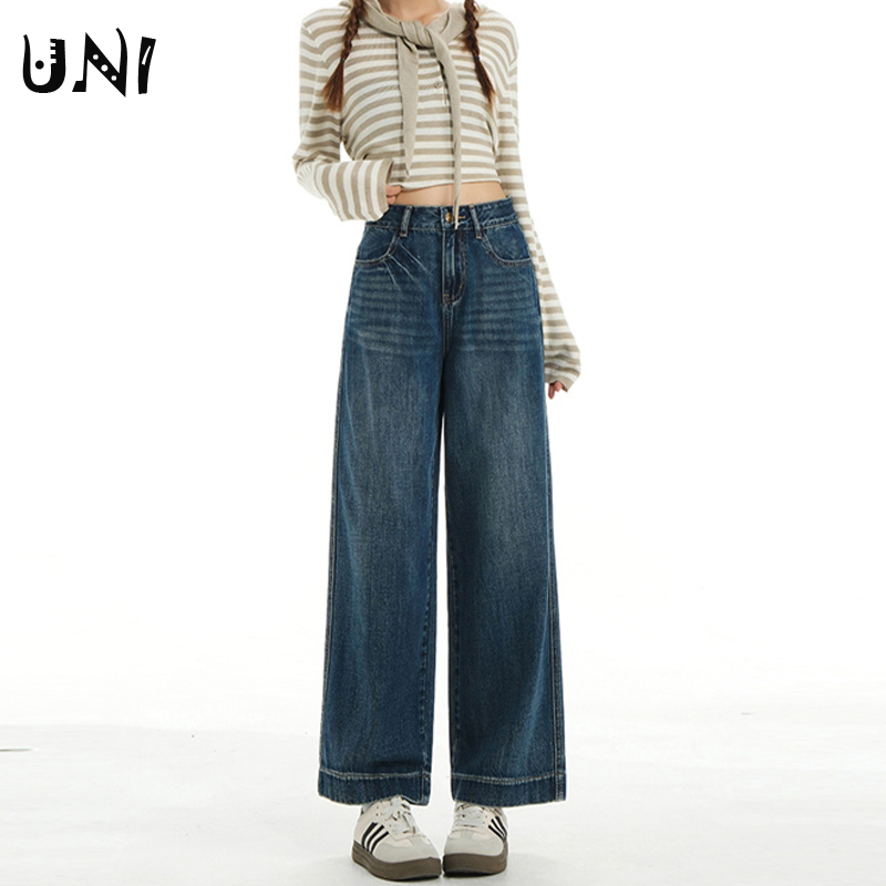 复古蓝窄版水洗抓痕直筒裤