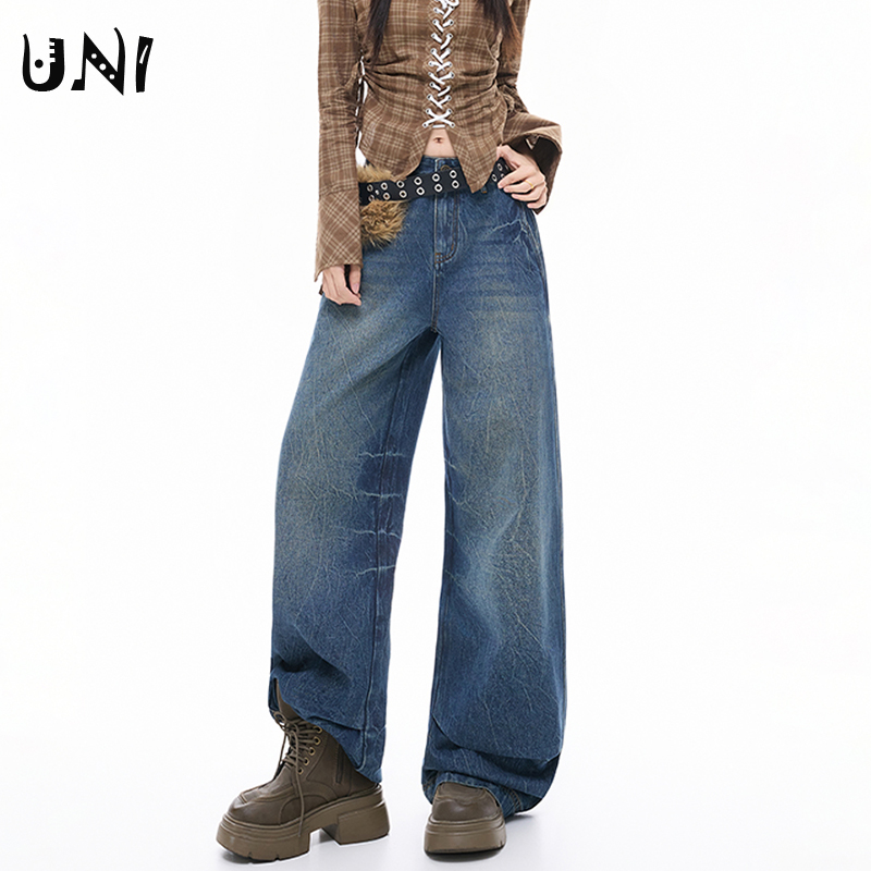 设计感裂痕水洗宽松垂感阔腿长裤