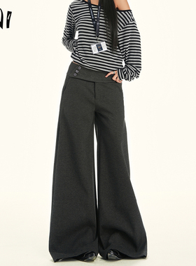 深灰色低腰直筒休闲裤女2025冬季新款毛呢纽扣设计宽松显瘦阔腿裤