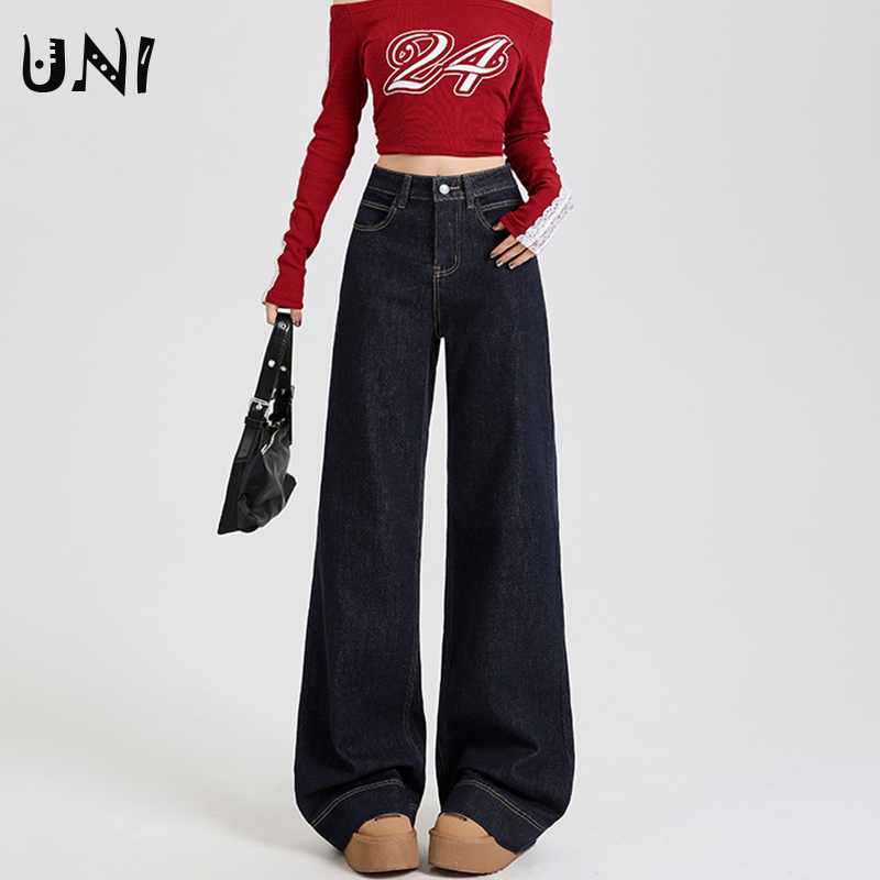 丹宁蓝加绒直筒微喇牛仔裤女