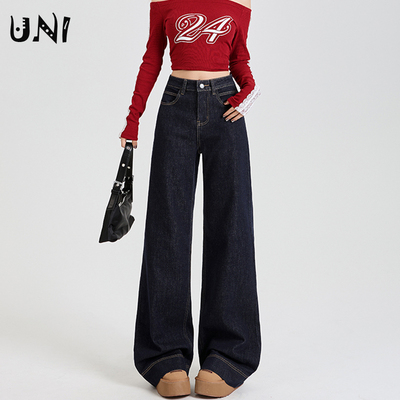 丹宁蓝加绒直筒微喇牛仔裤女